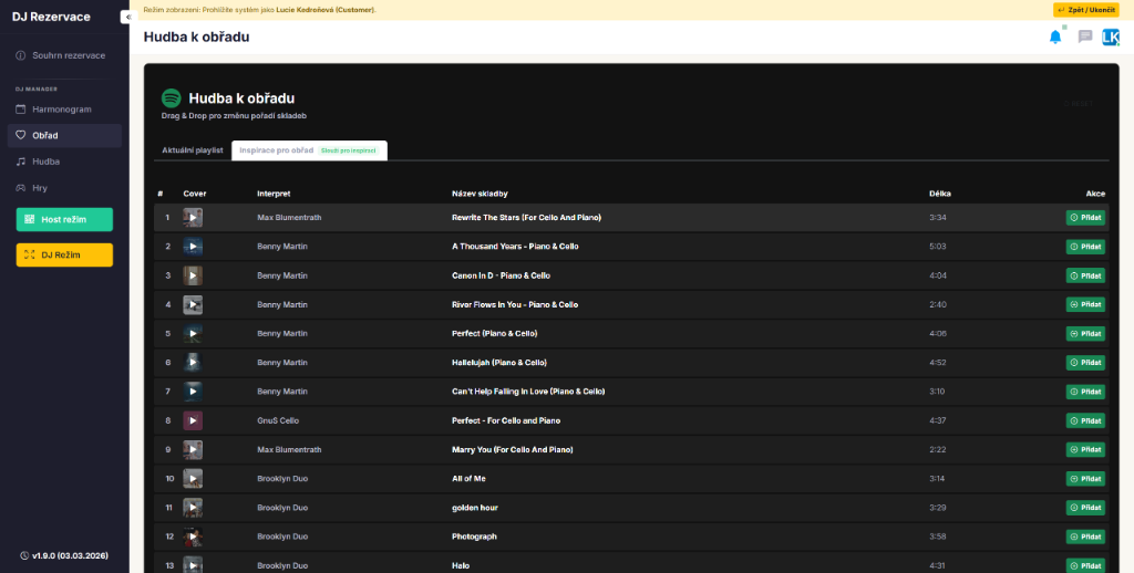 Hudba k obřadu – aktuální playlist se skladbami přiřazenými k momentům